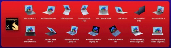 Red banner showcasing all Snapdragon X Elite compatible laptop models