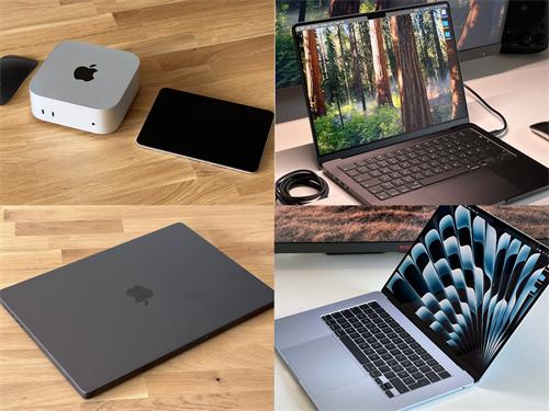 Four-panel collage of Apple Mac mini, iPad, MacBook laptops