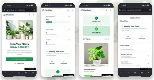 Four-screen mobile UI mockup of PlantCare houseplant care mobile application