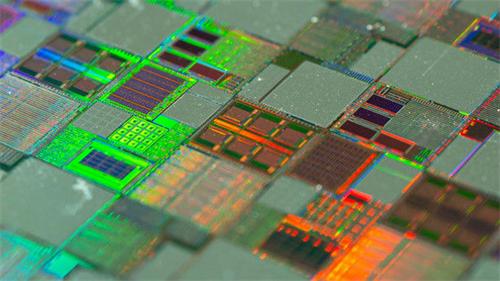 Close-up shot of patterned silicon wafer die array