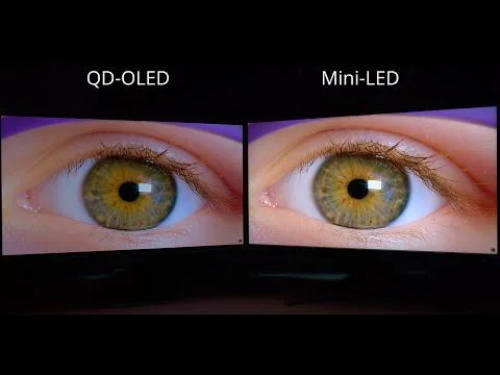 Side-by-side eye texture display comparison between QD-OLED and Mini-LED panels