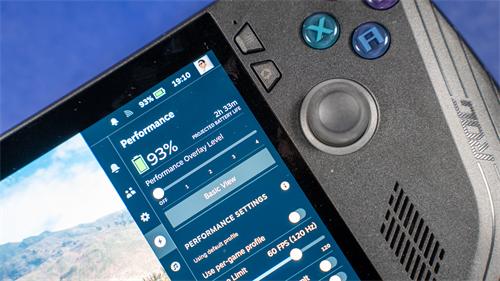 Close-up of handheld gaming console showing performance settings menu