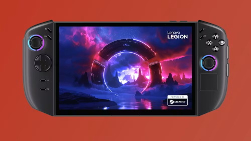 Lenovo Legion handheld gaming console running SteamOS on red background