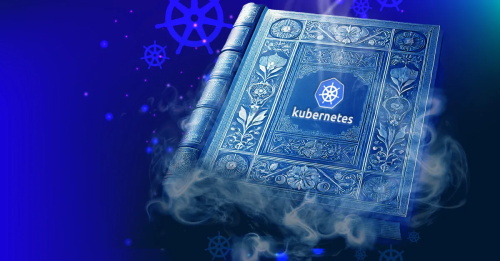 Ornate ancient book cover printed with Kubernetes logo on blue tech background