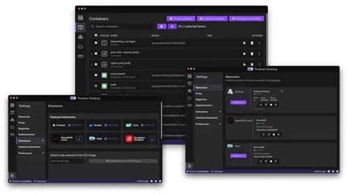 Screenshot collage of Podman Desktop GUI showing containers, extensions and resources panels