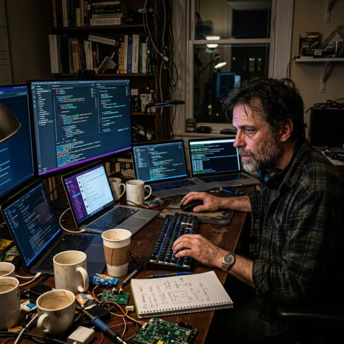 Programmer working at cluttered multi-monitor coding workstation with circuit boards and coffee mugs